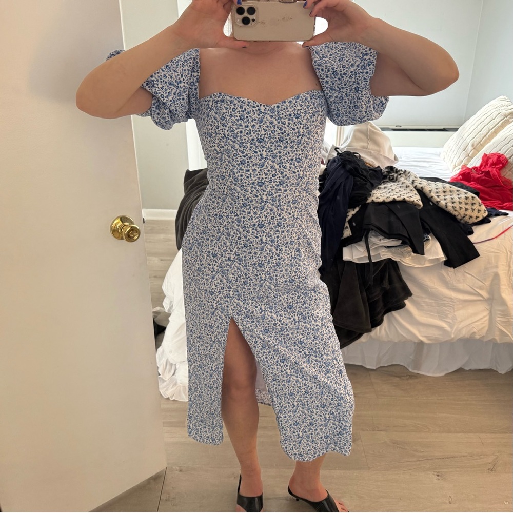 H&M Blue Floral Puff Sleeve Strappy Back Midi Dress